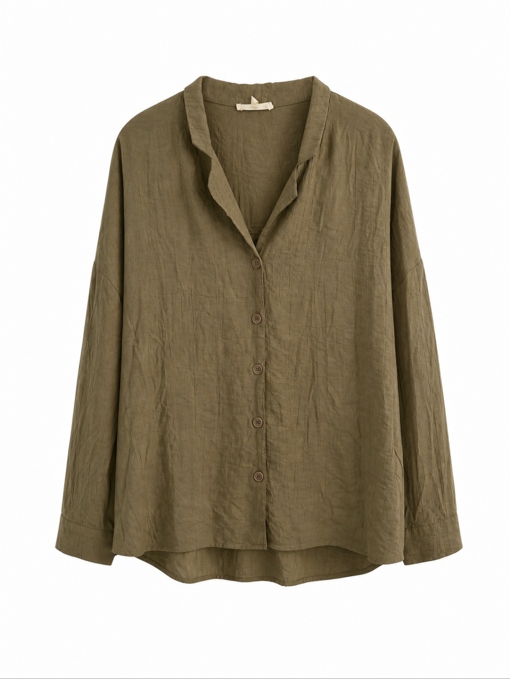 Promesa Olive Crinkle Button Down Top L Lightweight Relaxed Blouse